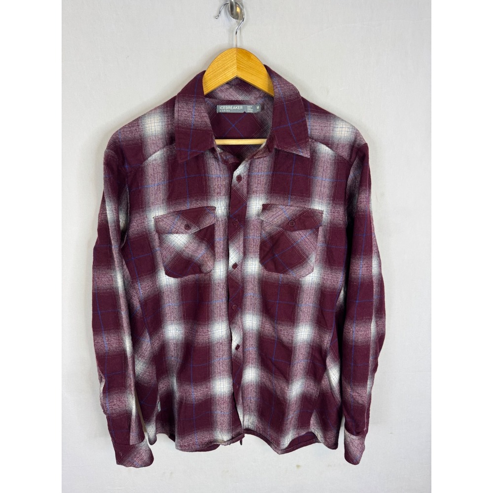 Icebreaker Merino Mens Plaid Flannel Button Down Shirt Burgundy Size M